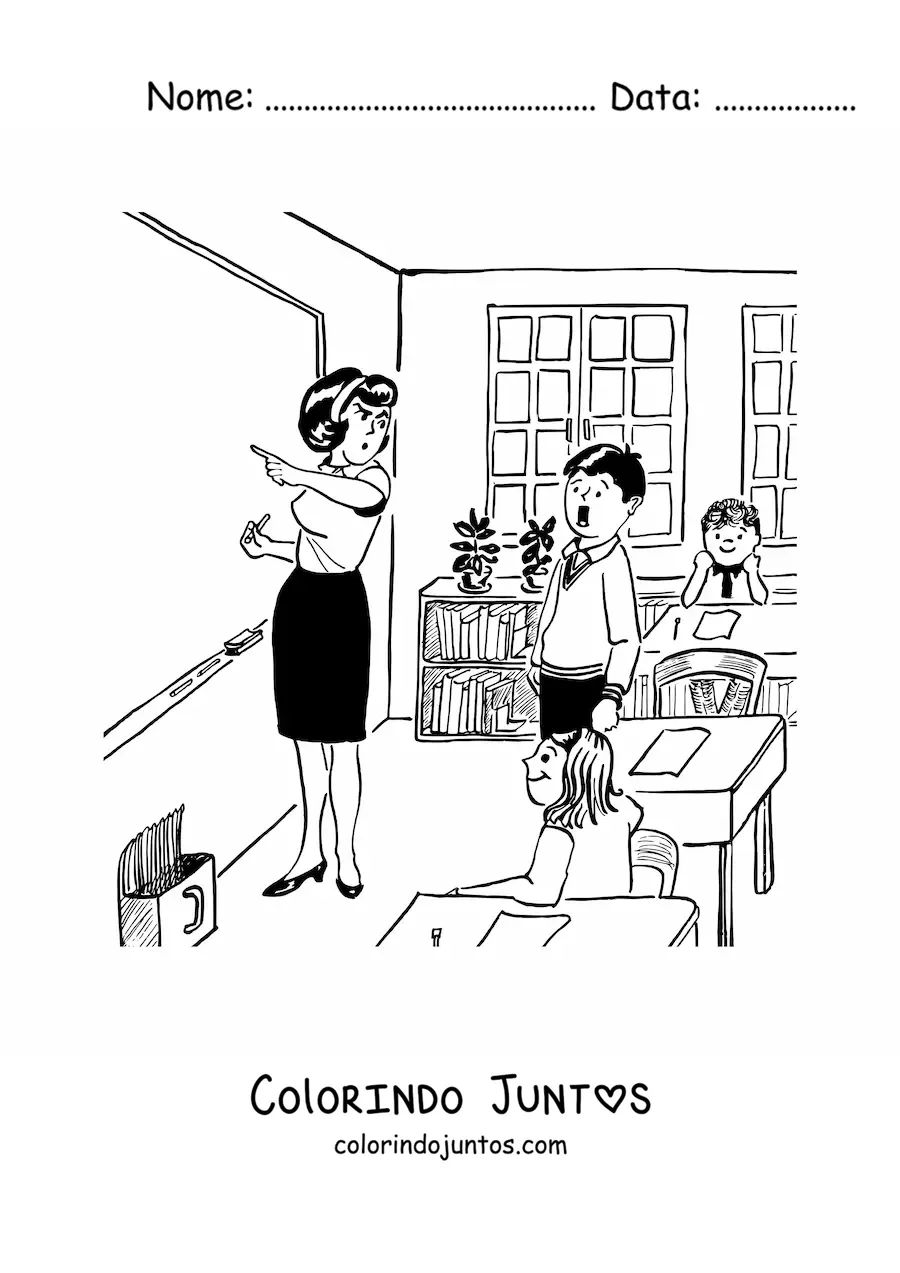Desenho para colorir de uma professora brava repreendendo um aluno
