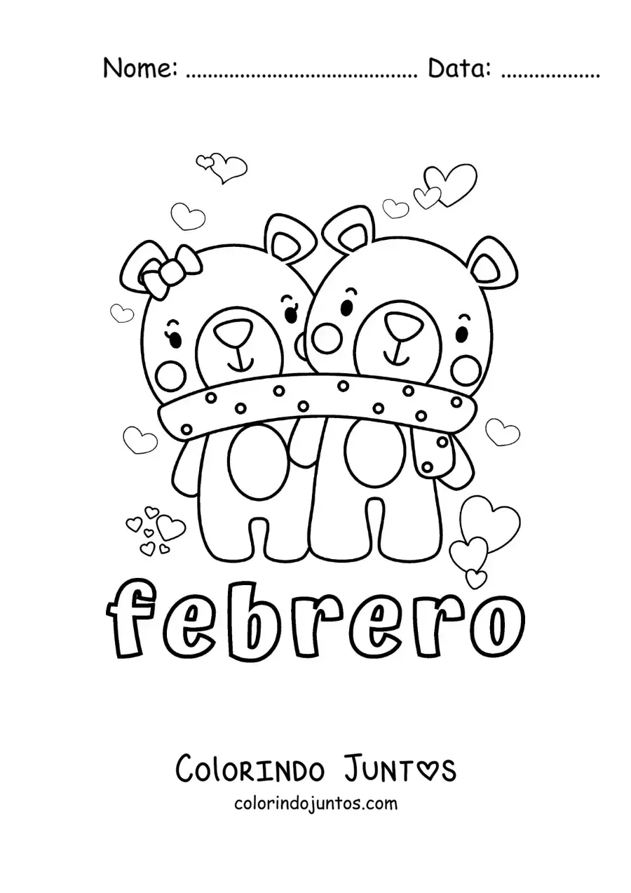 Desenho para colorir de fevereiro com um casal de ursos no Dia dos Namorados