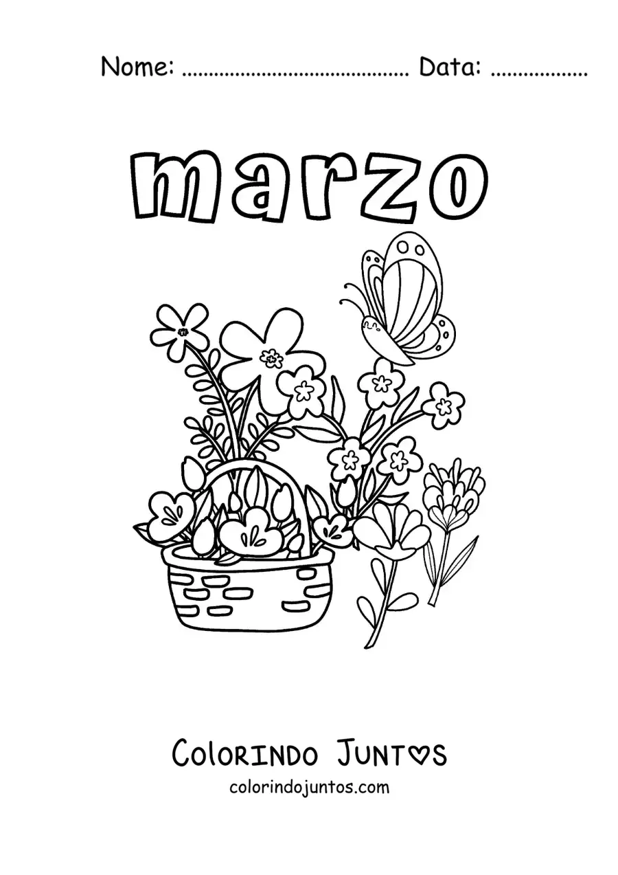 Desenho para colorir de março com flores e uma borboleta