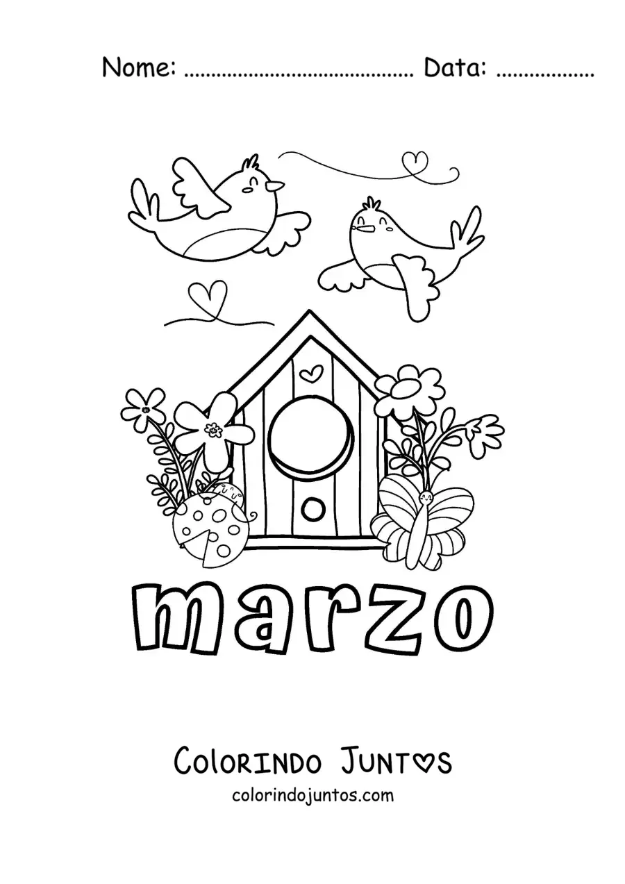 Desenho para colorir de março com aves e flores