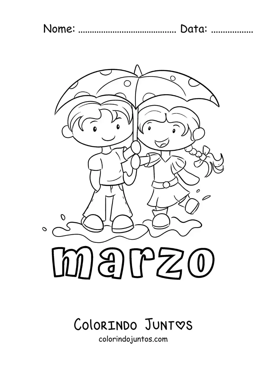 Desenho para colorir de março com duas crianças com guarda-chuvas na chuva