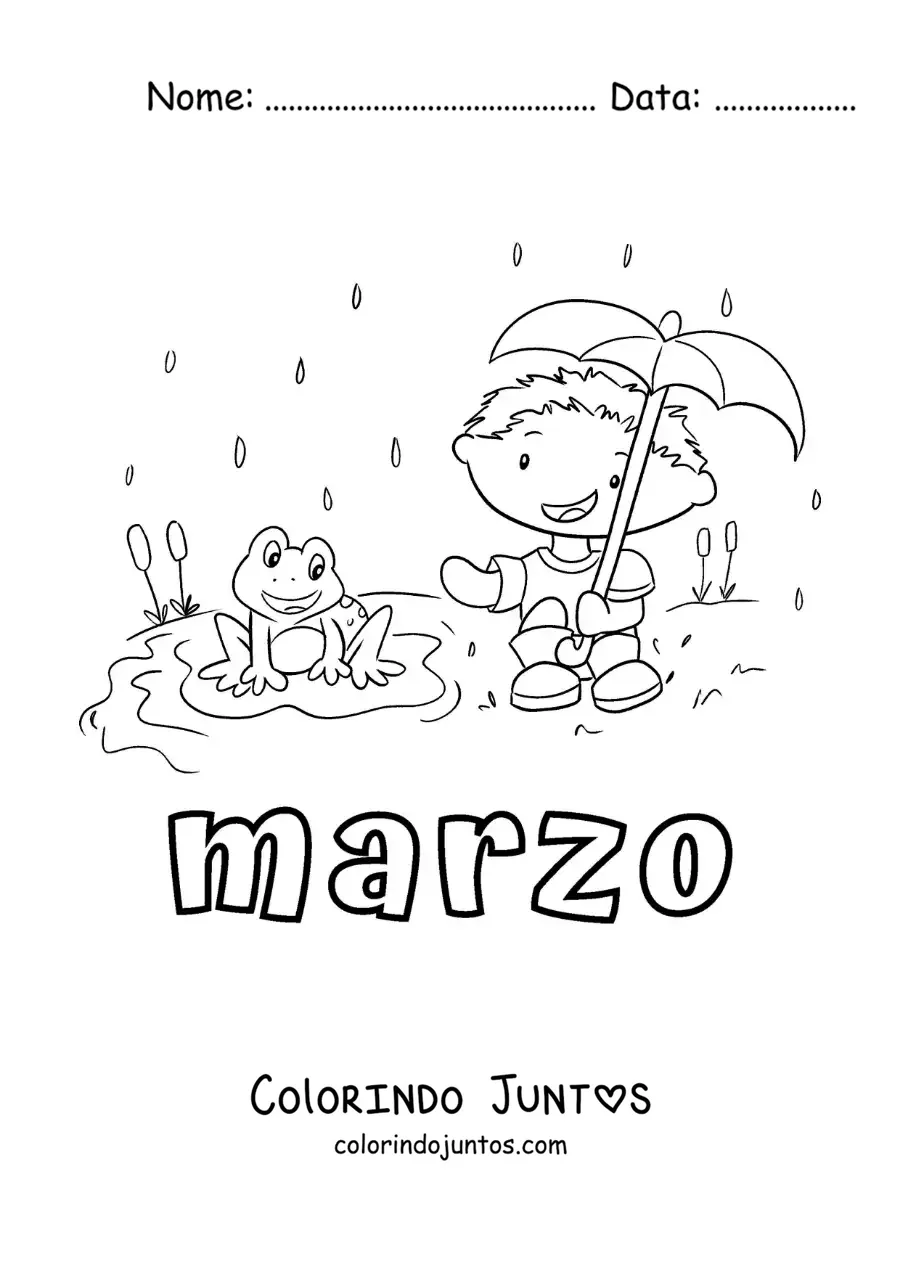 Desenho para colorir de março com um menino na chuva ao lado de um sapo animado