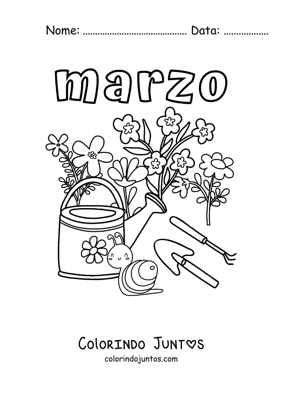 Desenho para colorir de março com flores e um caracol