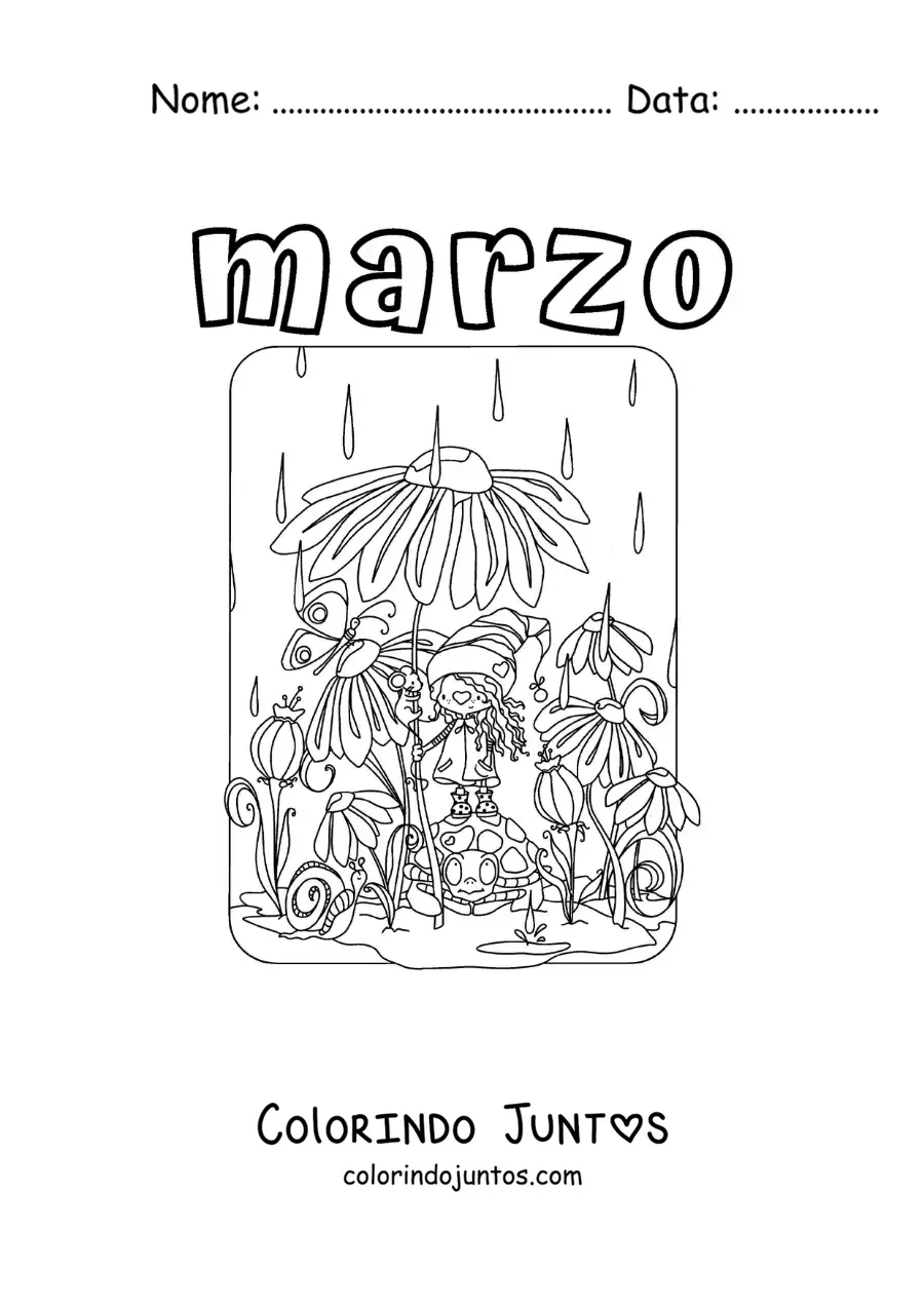 Desenho para colorir de março com flores na chuva