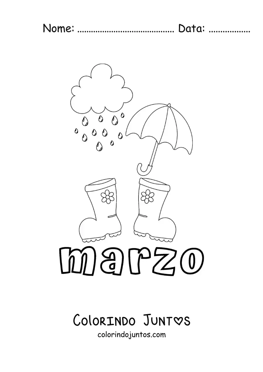 Desenho para colorir de março com um guarda-chuva e botas de chuva
