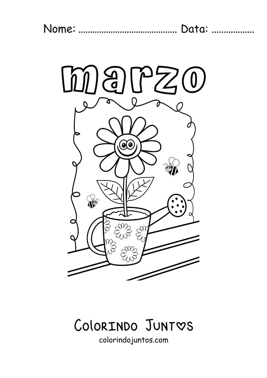 Desenho para colorir de março com uma flor animada