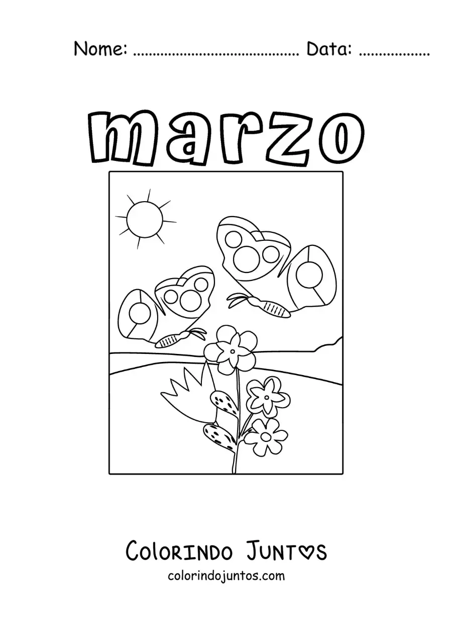 Desenho para colorir de março com flores de primavera e uma borboleta