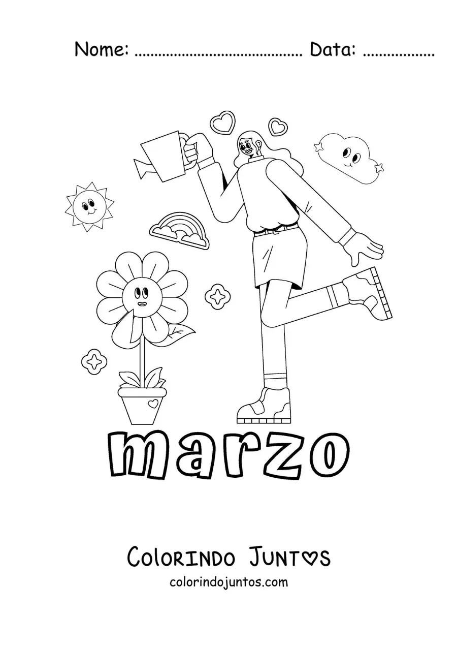 Desenho para colorir de março com uma menina regando as flores