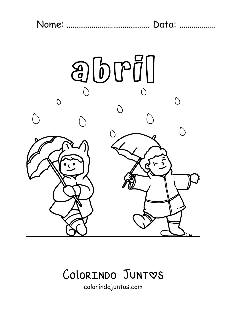 Desenho para colorir de abril com crianças na chuva