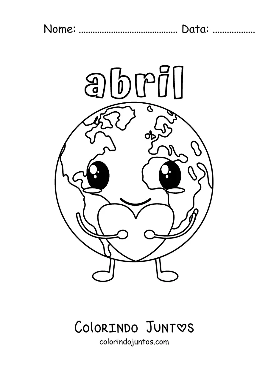 Desenho para colorir de abril com a Terra animada kawaii