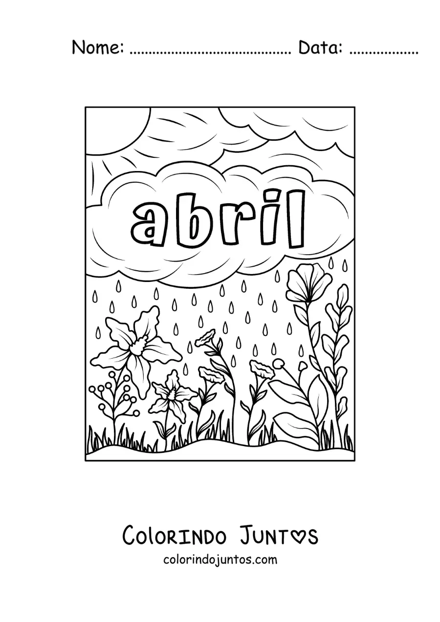 Desenho para colorir de abril com uma paisagem com flores e chuva