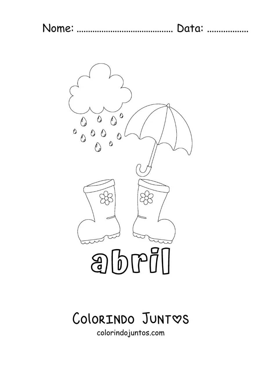 Desenho para colorir de abril com botas de chuva e um guarda-chuva