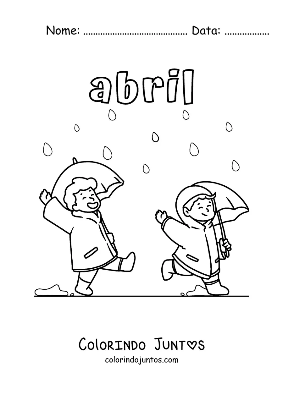 Desenho para colorir de abril com crianças pulando na chuva