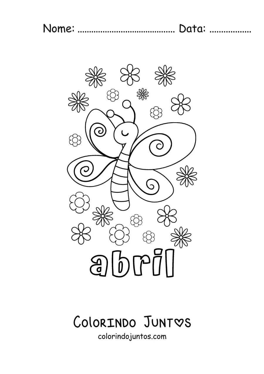 Desenho para colorir de abril com uma borboleta animada com flores