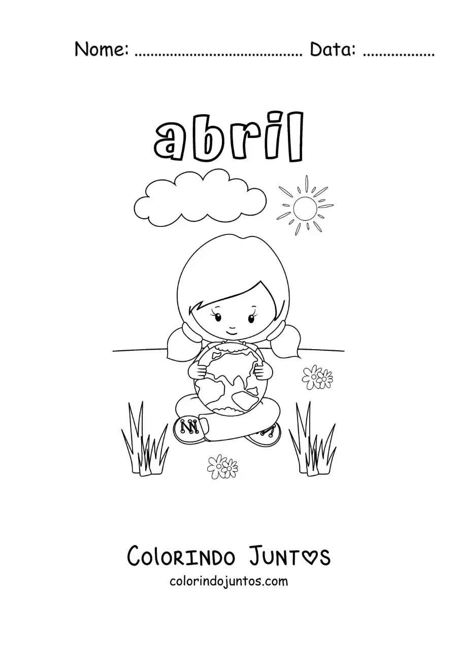 Desenho para colorir de abril com uma menina abraçando a Terra
