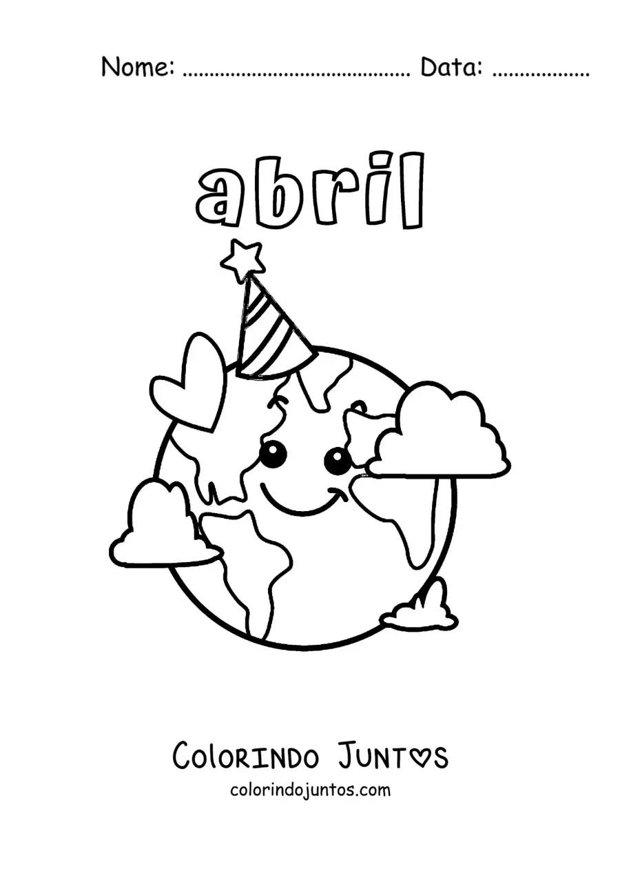 Desenho para colorir de abril com a Terra animada no seu dia com um chapéu de aniversário