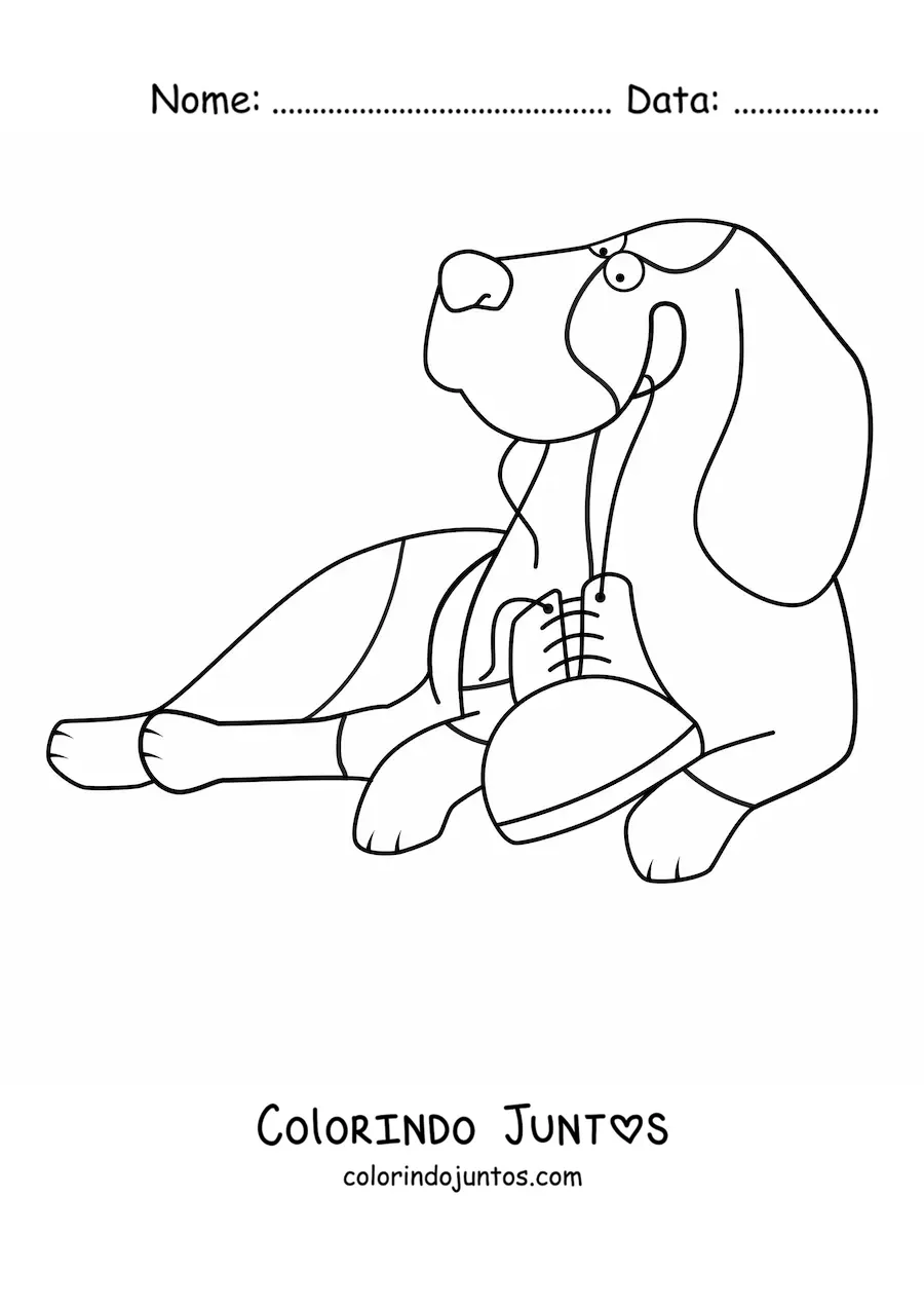 Desenho para colorir de um basset hound deitado brincando com um sapato