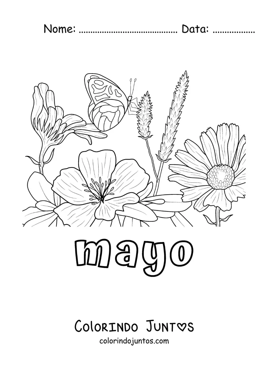 Desenho para colorir de maio com uma borboleta em um jardim de flores