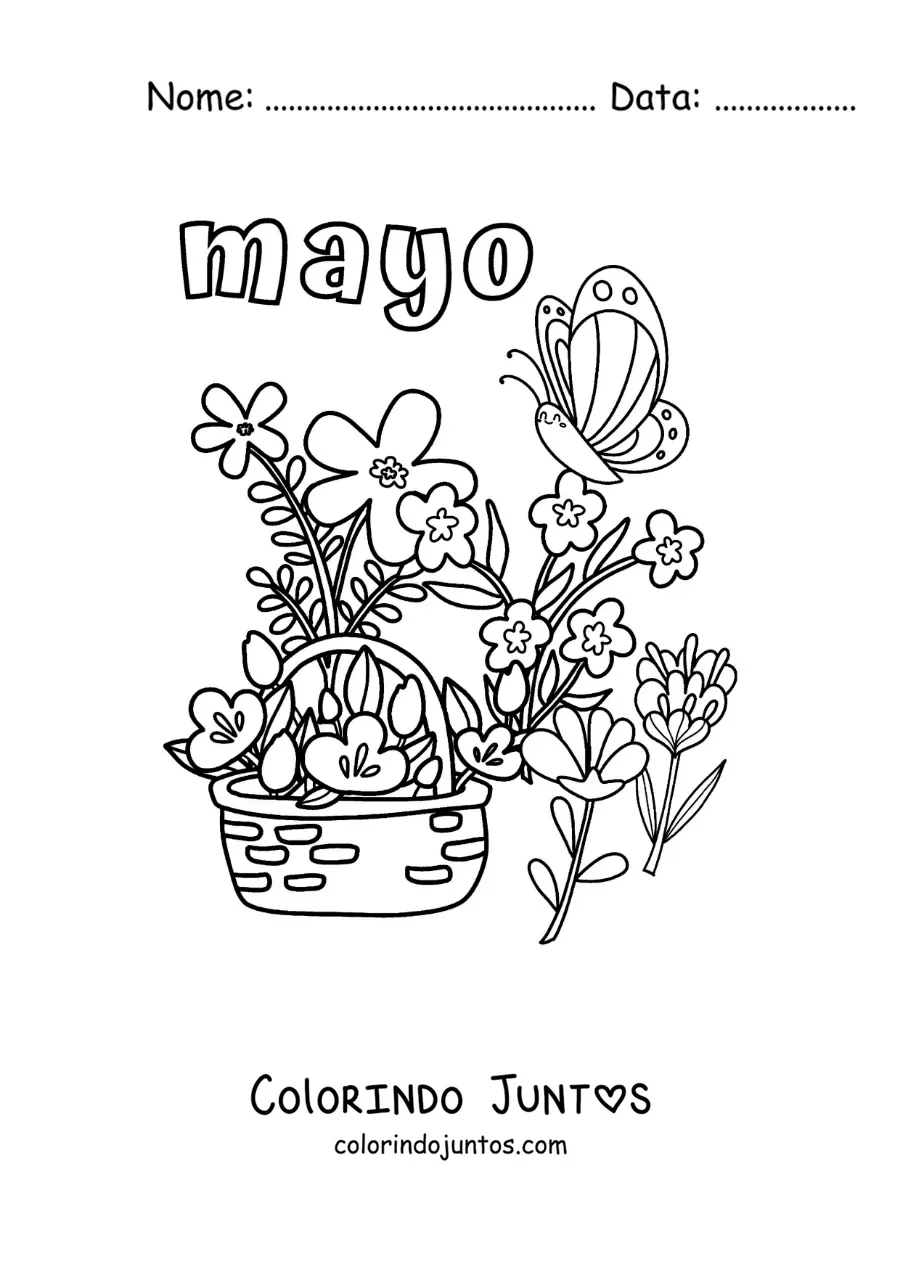 Desenho para colorir de maio com flores de primavera em uma cesta e uma borboleta