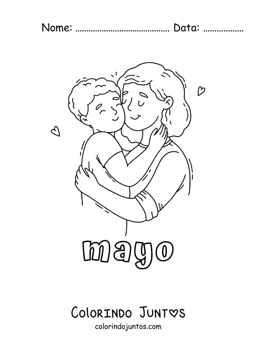 Desenho para colorir de maio com um abraço de Dia das Mães