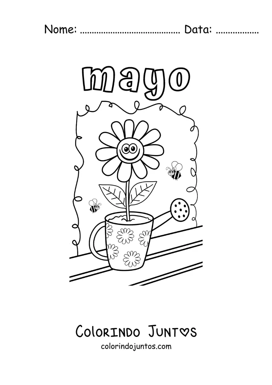 Desenho para colorir de maio com uma flor animada