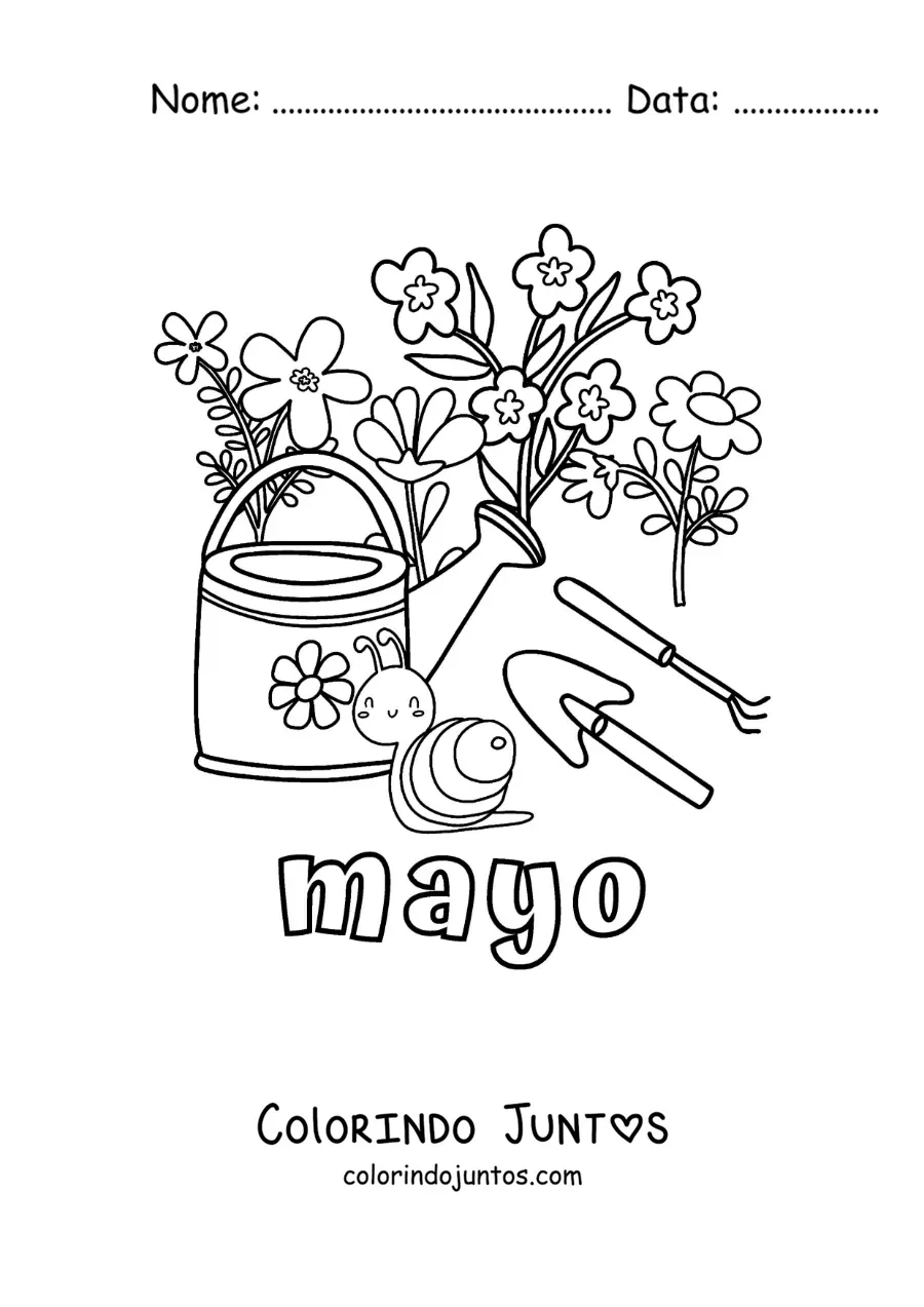 Desenho para colorir de maio com flores ao lado de ferramentas de jardinagem e um caracol animado