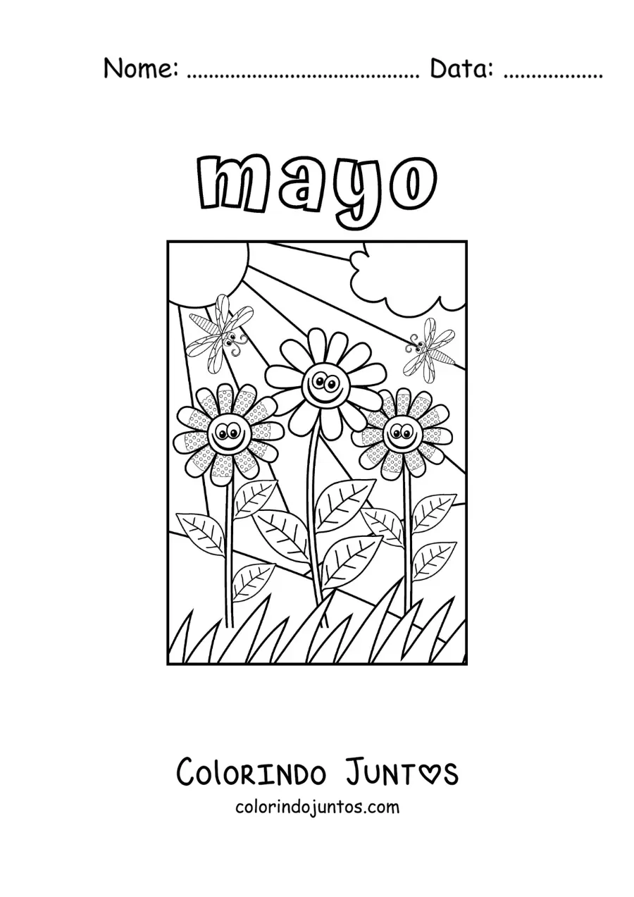 Desenho para colorir de maio com uma paisagem com flores animadas e um sol radiante
