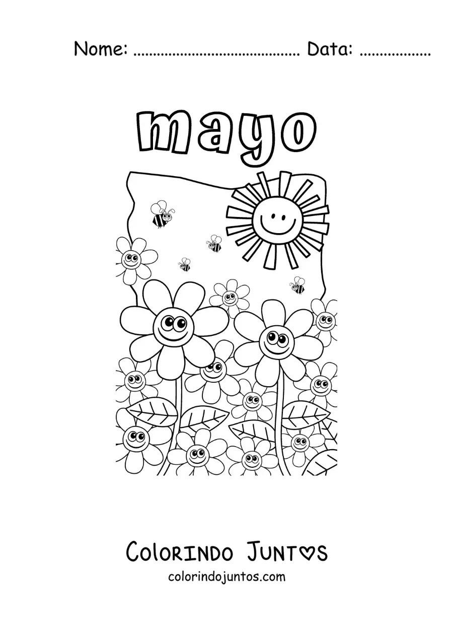 Desenho para colorir de maio com flores animadas sob o sol de primavera