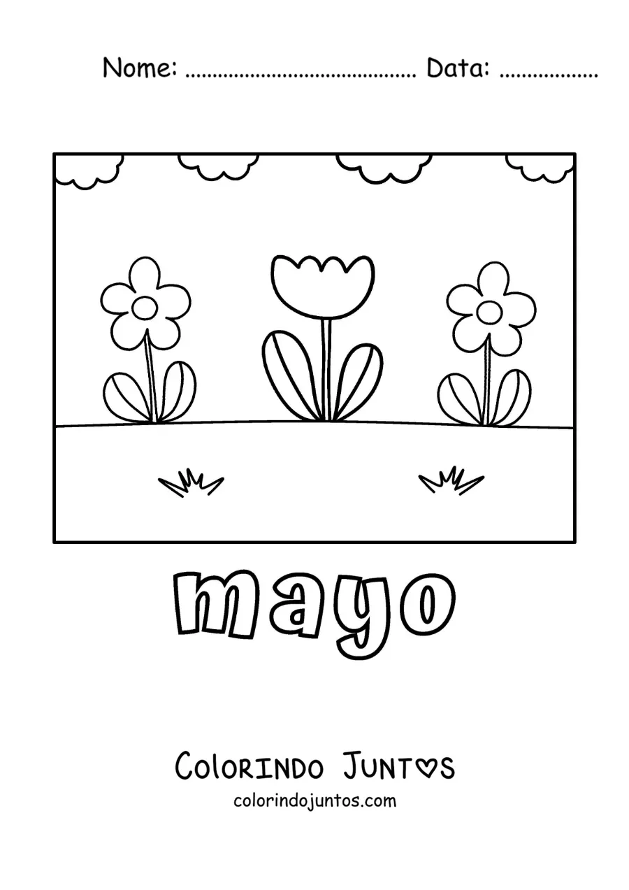 Desenho para colorir de maio com flores simples em um jardim