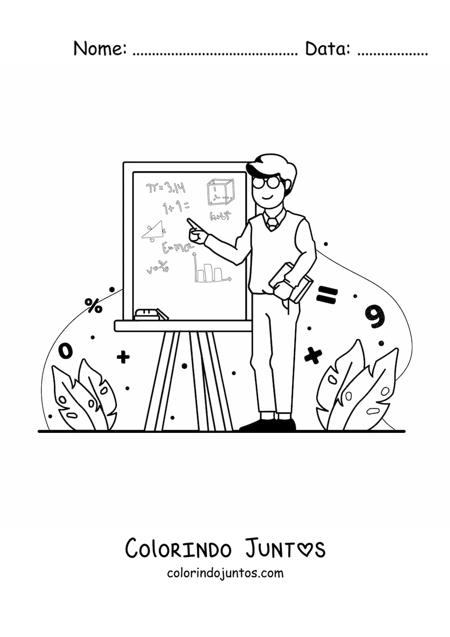 Desenho para colorir de um professor apontando para uma lousa com formulas matematicas