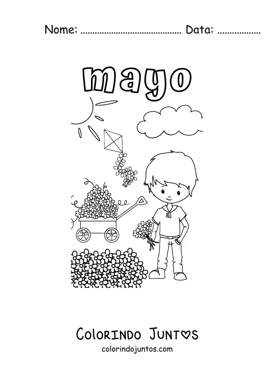 Desenho para colorir de maio com um menino colhendo flores em um dia ensolarado