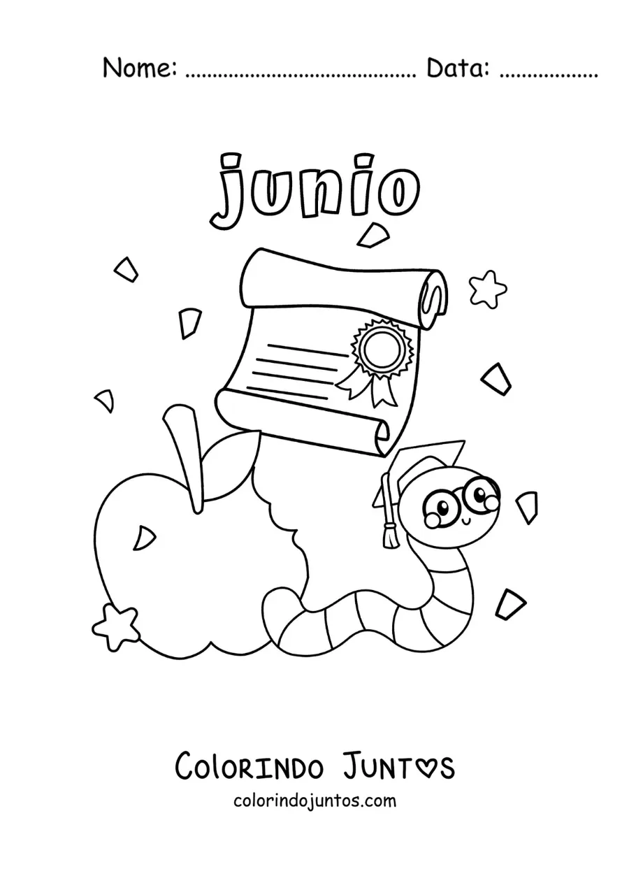Desenho para colorir de junho com uma minhoca animada com beca e diploma de formatura
