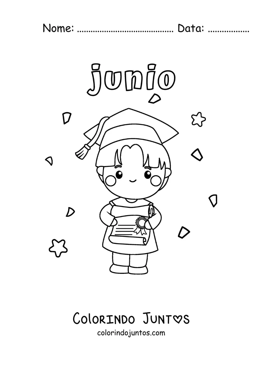 Desenho para colorir de junho com um menino com diploma e beca na sua formatura