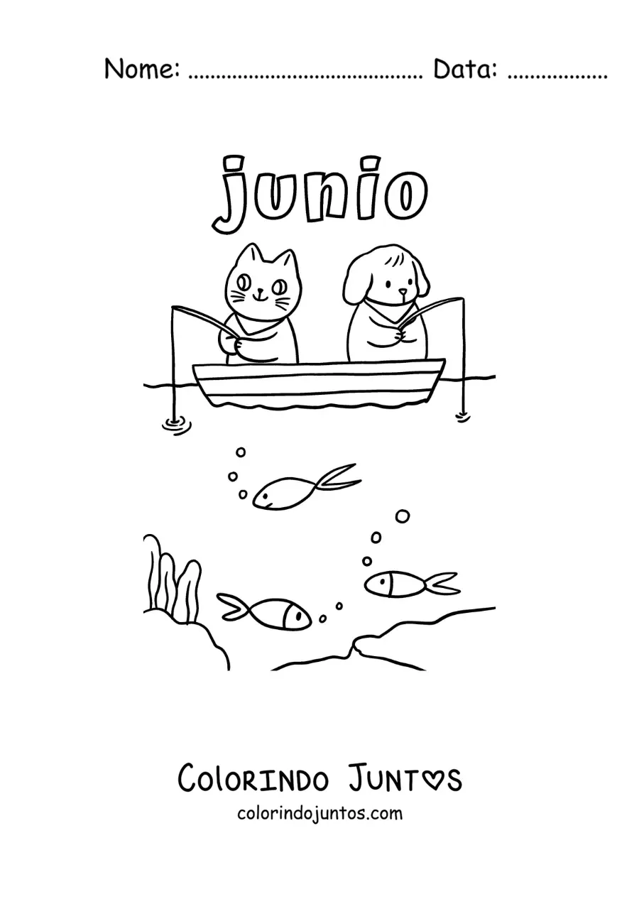 Desenho para colorir de junho com um gato e um cachorro animados pescando em um barco