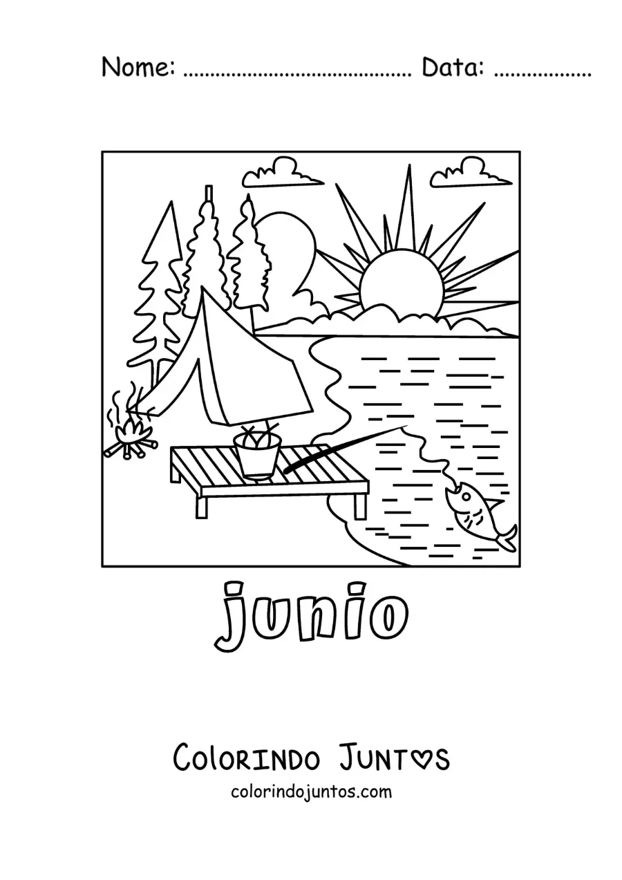 Desenho para colorir de junho com um acampamento à beira do lago