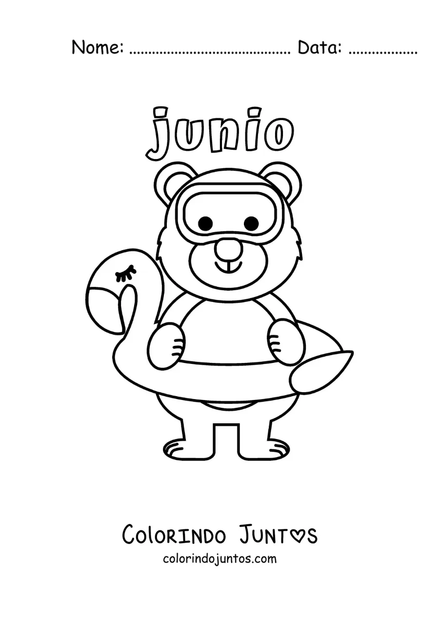 Desenho para colorir de junho com um urso animado com uma boia e óculos de mergulho