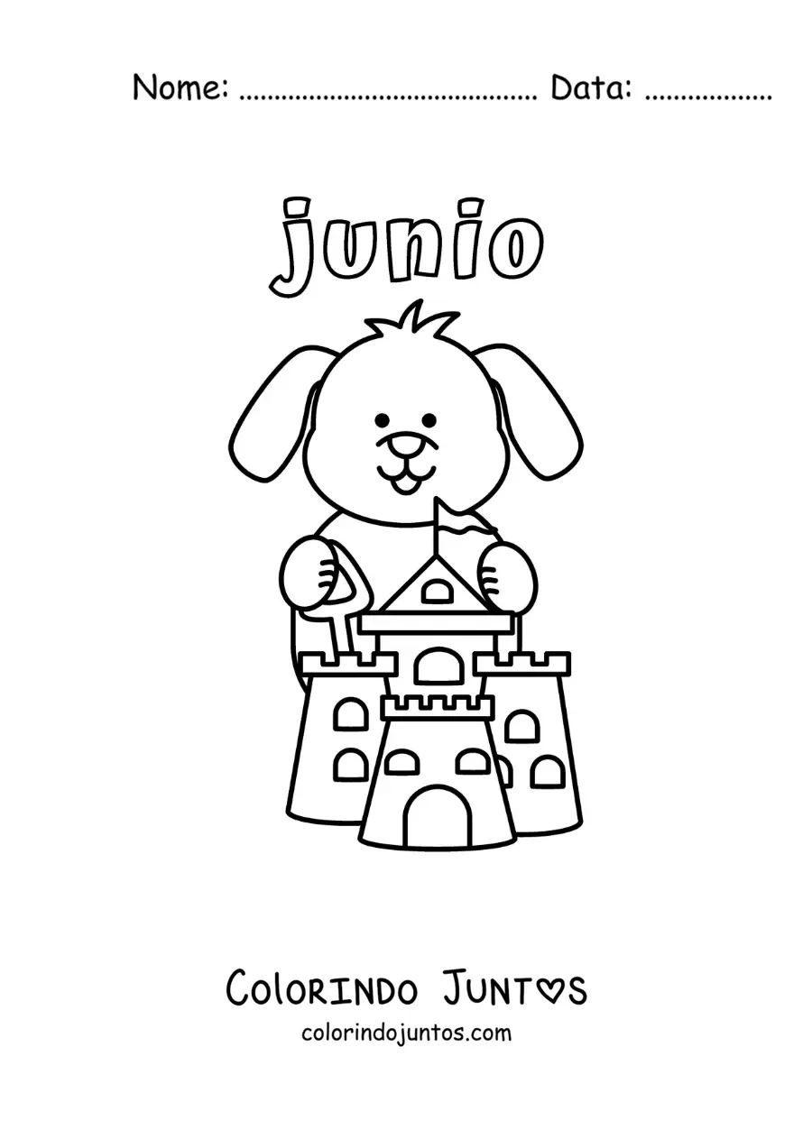 Desenho para colorir de junho com um cachorro animado fazendo um castelo de areia