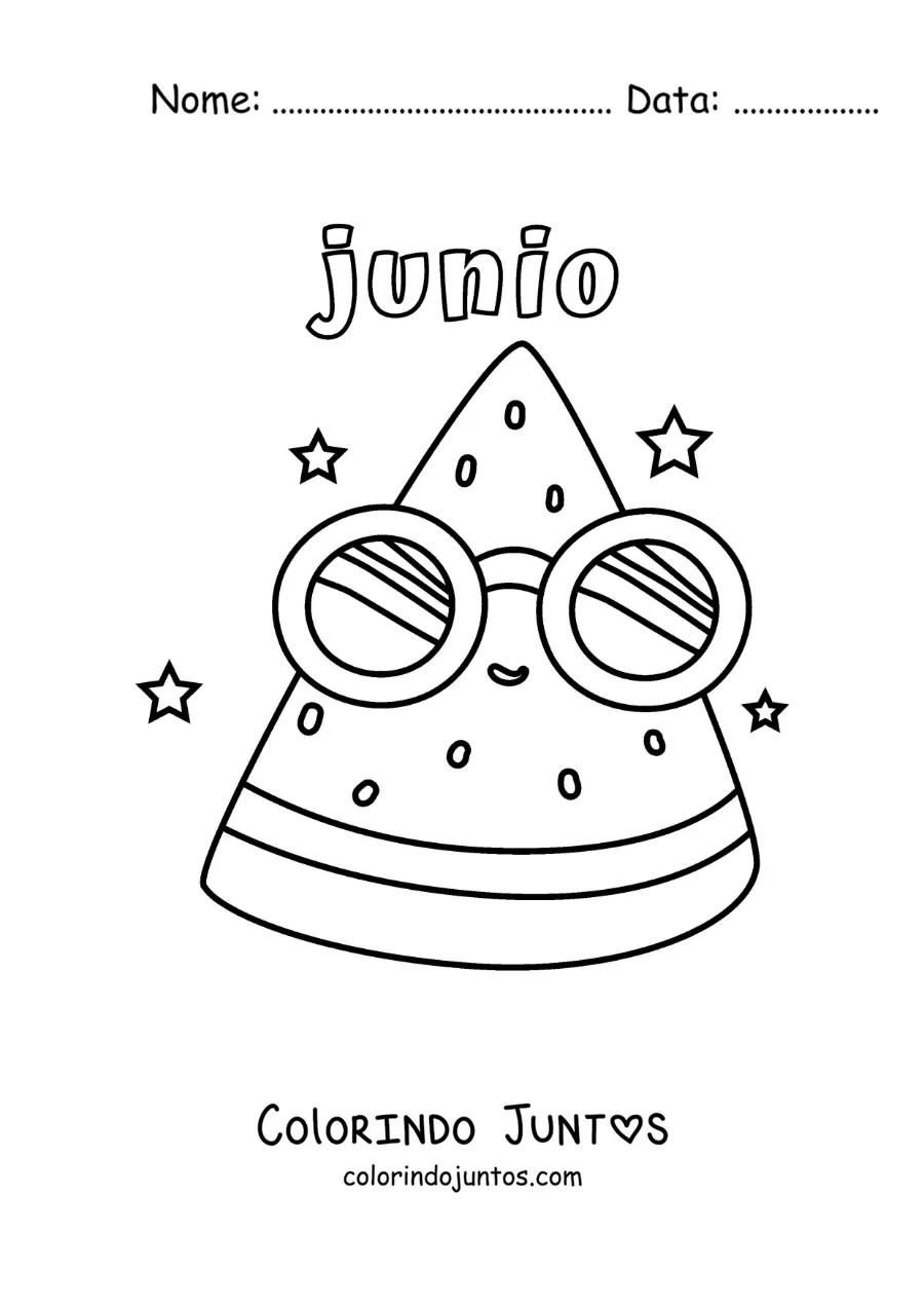 Desenho para colorir de junho com uma melancia animada de óculos de sol no verão