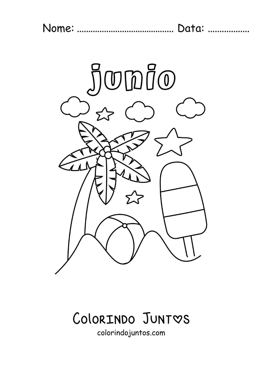 Desenho para colorir de junho com um dia de verão em uma praia com uma palmeira e uma bola