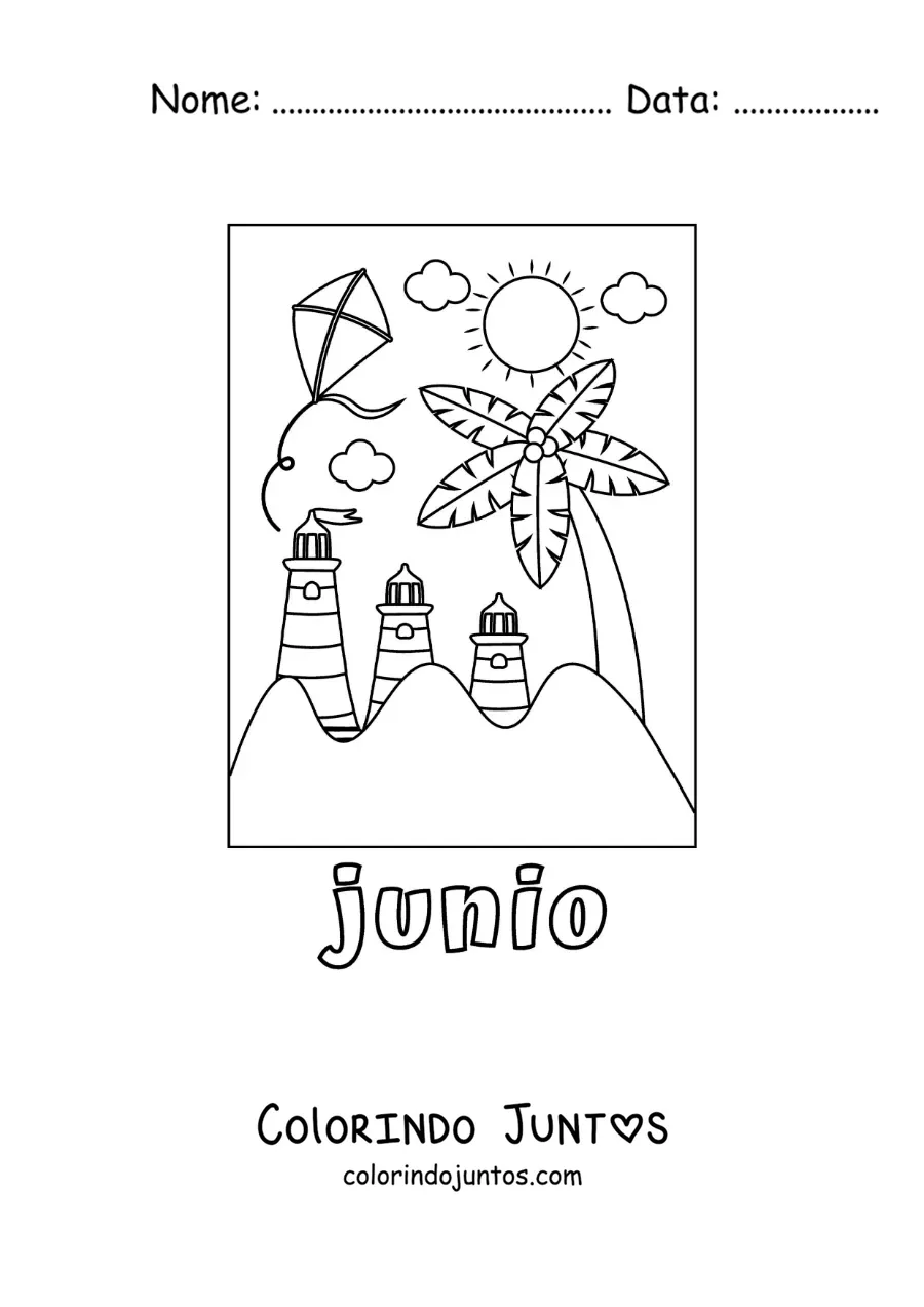 Desenho para colorir de junho com um dia de verão em uma praia com faróis e uma pipa