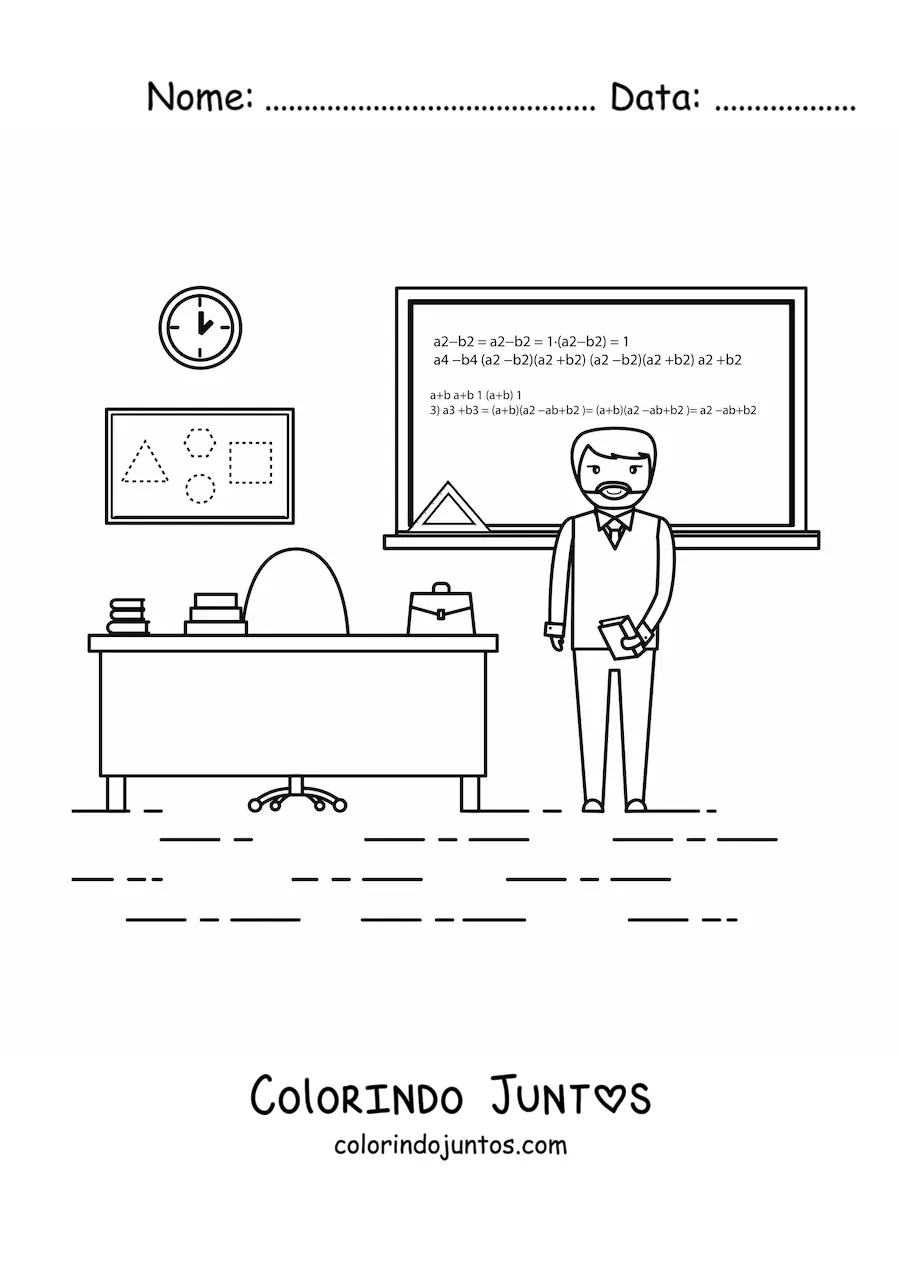 Desenho para colorir de um professor explicando matematica diante da lousa