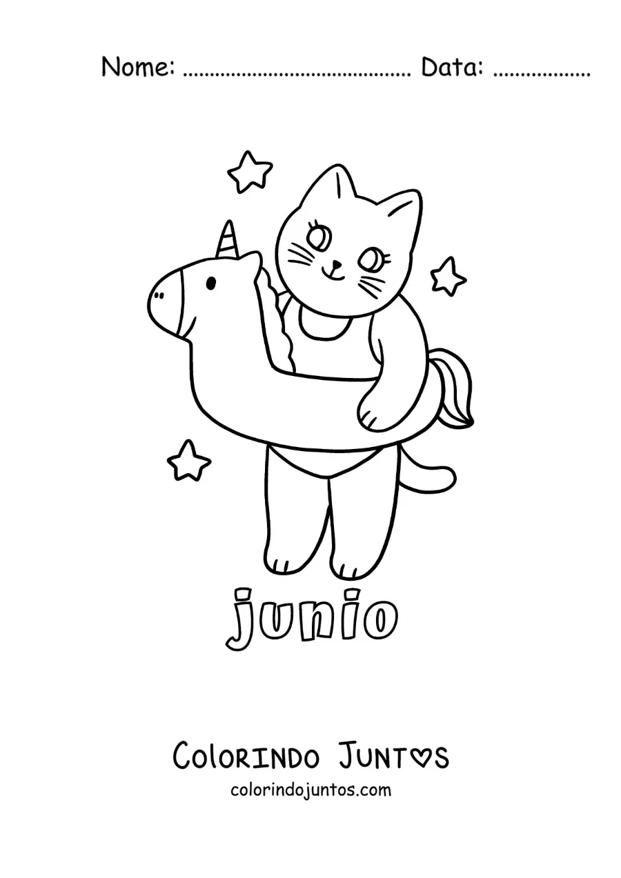 Desenho para colorir de junho com um gato animado com uma boia