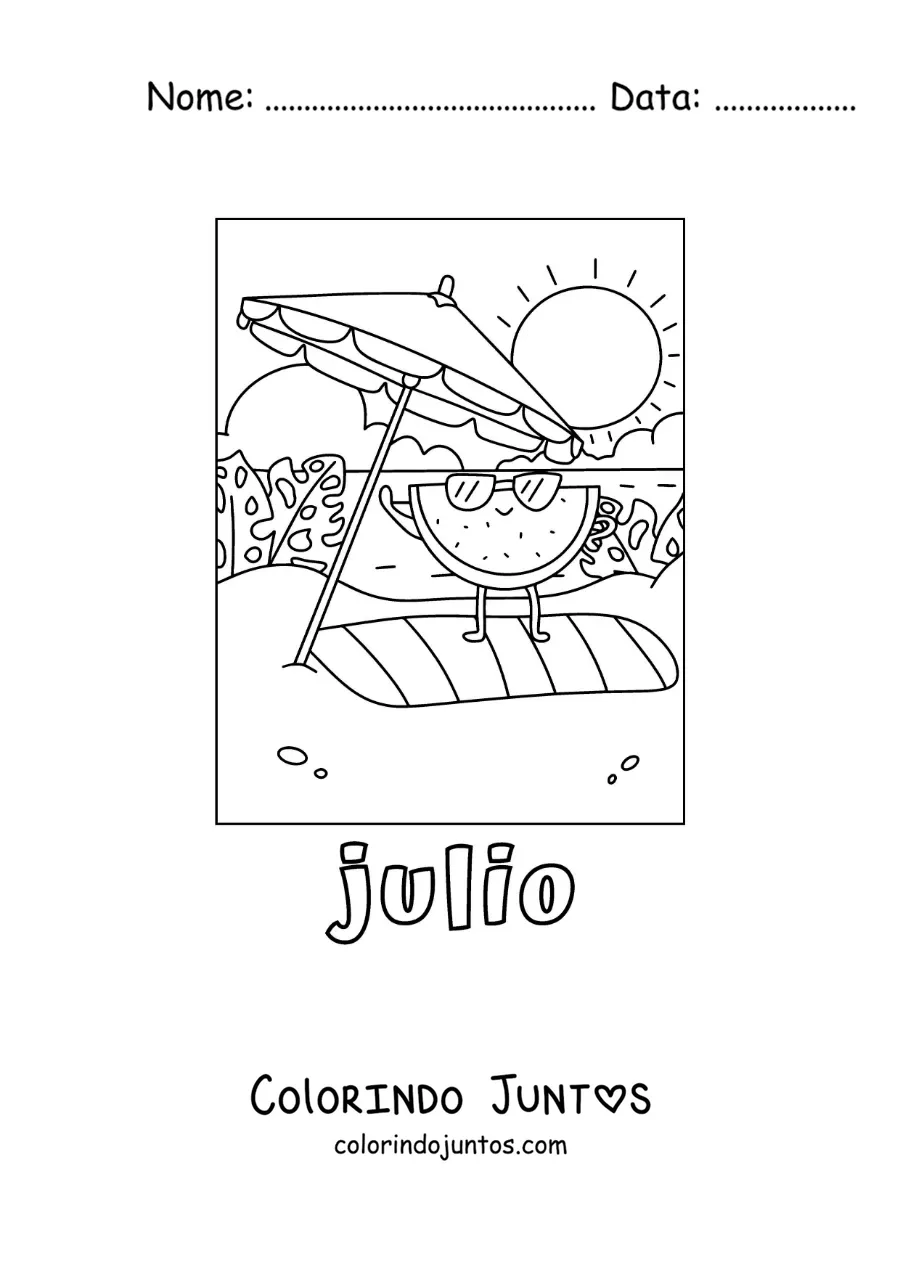 Desenho para colorir de julho com uma melancia animada na praia