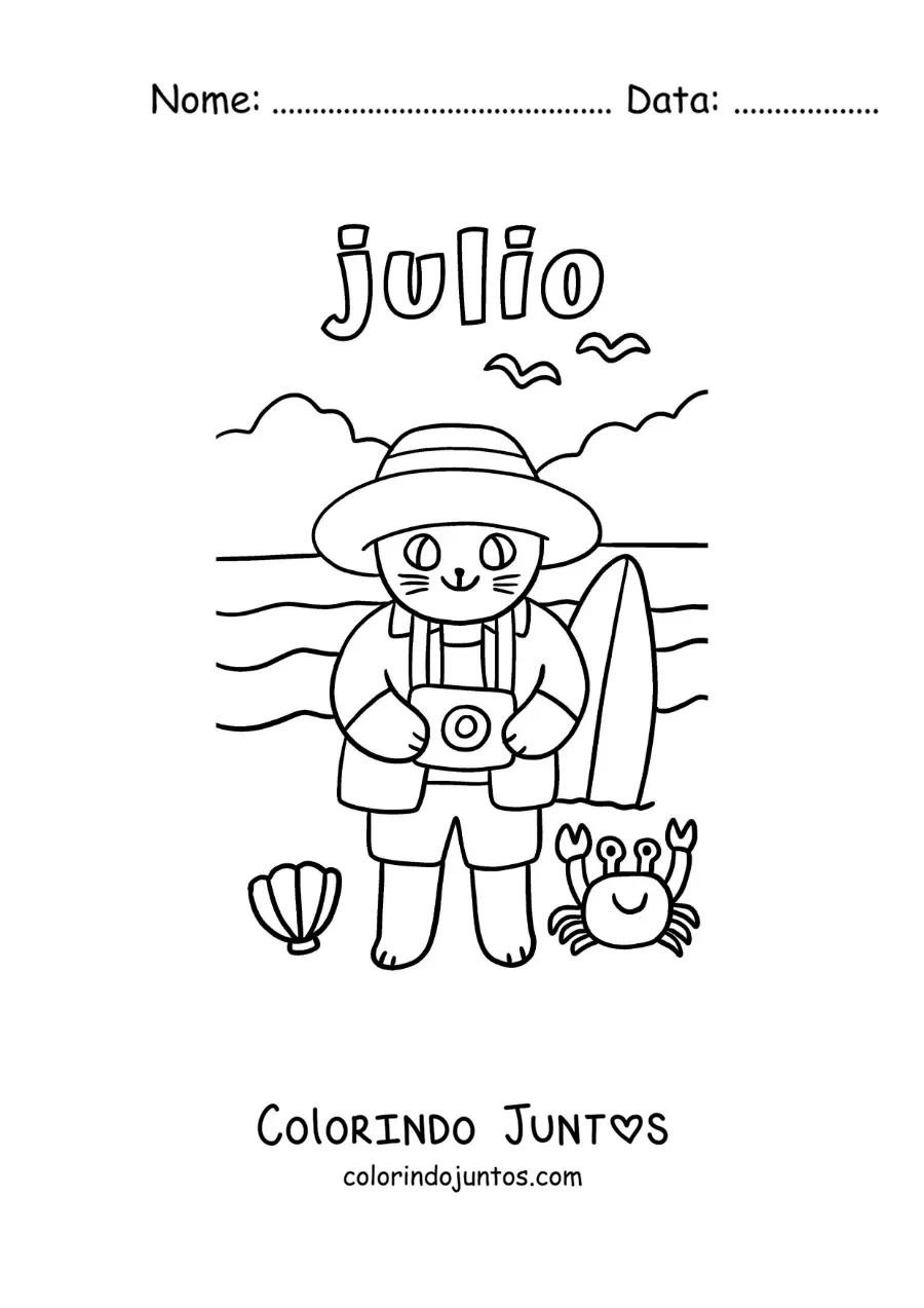 Desenho para colorir de julho com um gato turista animado na praia