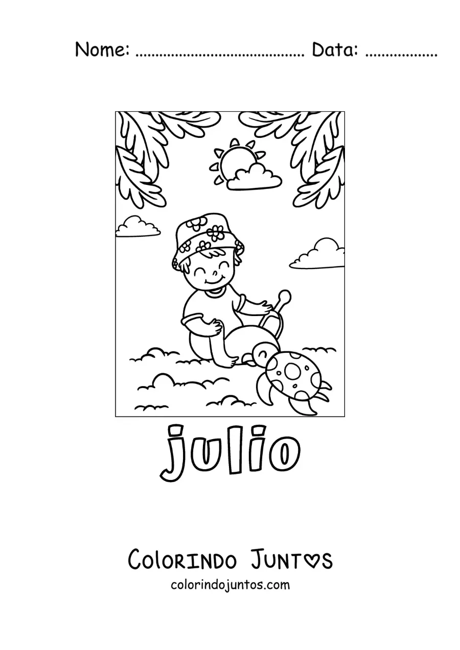 Desenho para colorir de julho com um menino de férias brincando com a areia na praia