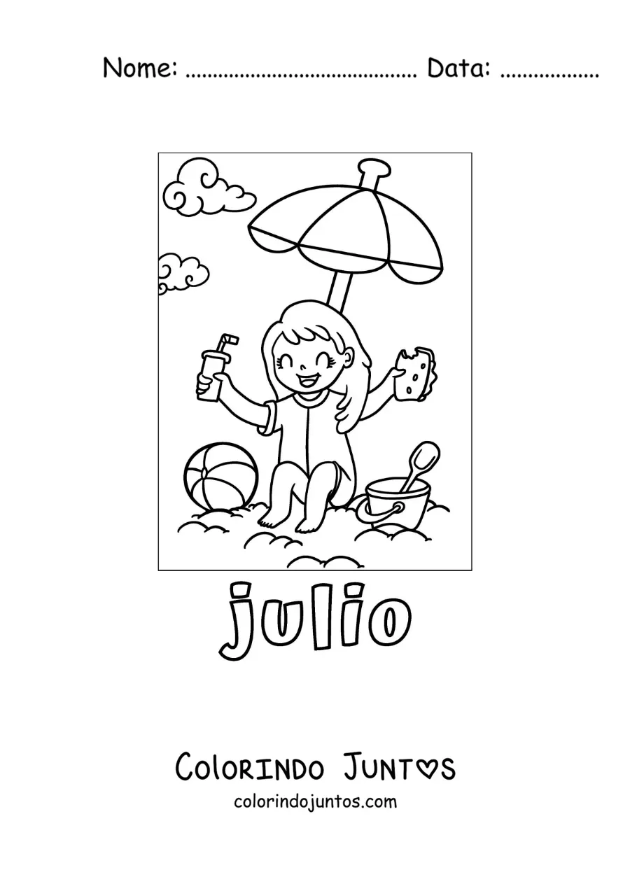Desenho para colorir de julho com uma menina de férias comendo na praia