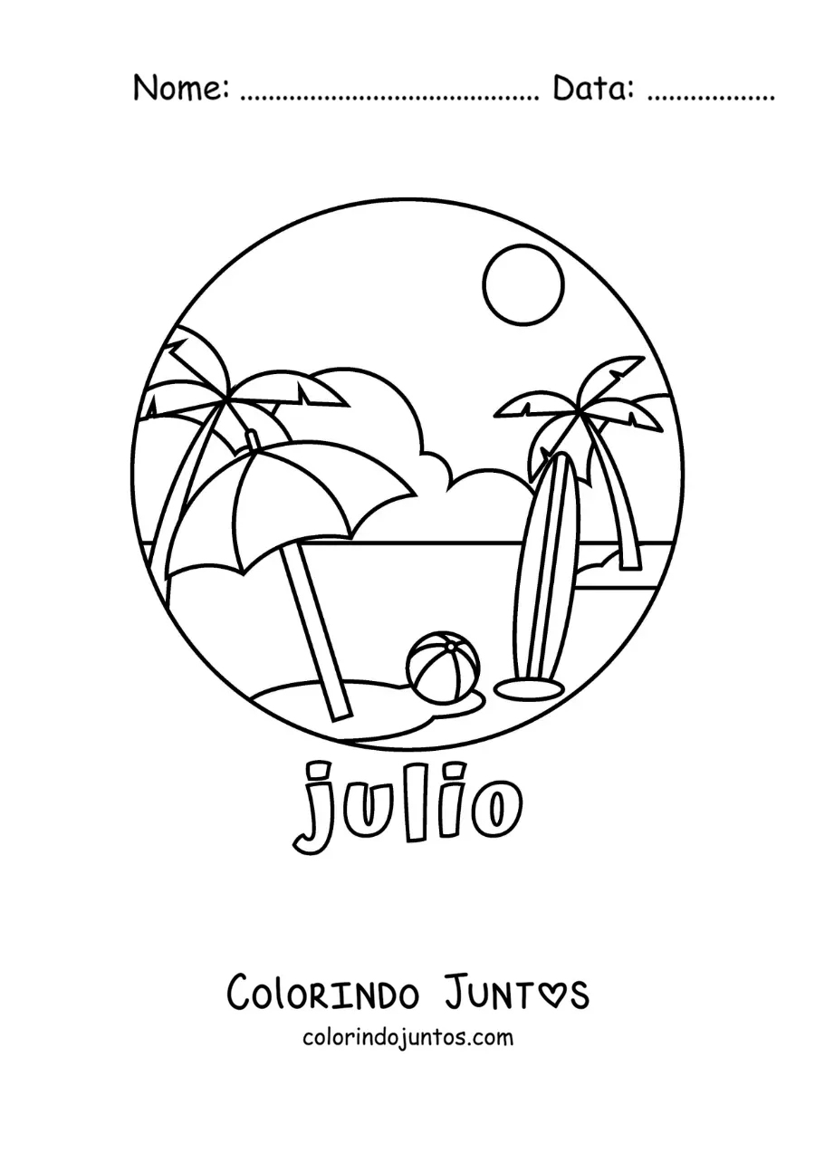 Desenho para colorir de julho com uma paisagem de praia