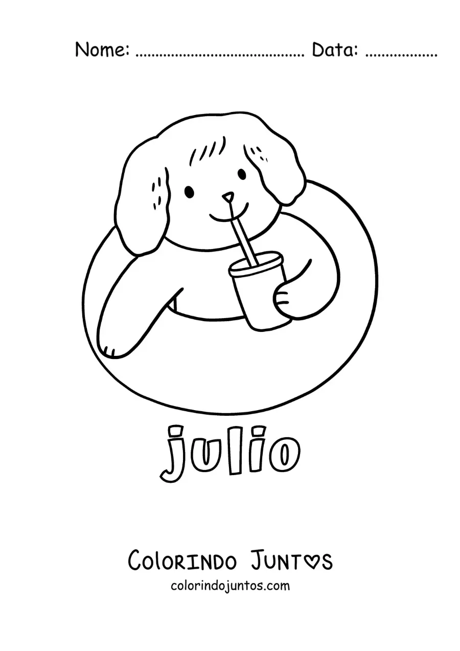 Desenho para colorir de julho com um cachorro animado na piscina tomando uma bebida