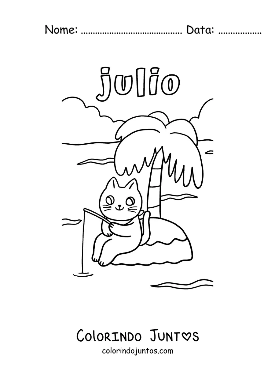 Desenho para colorir de julho com um gato animado pescando em uma ilha