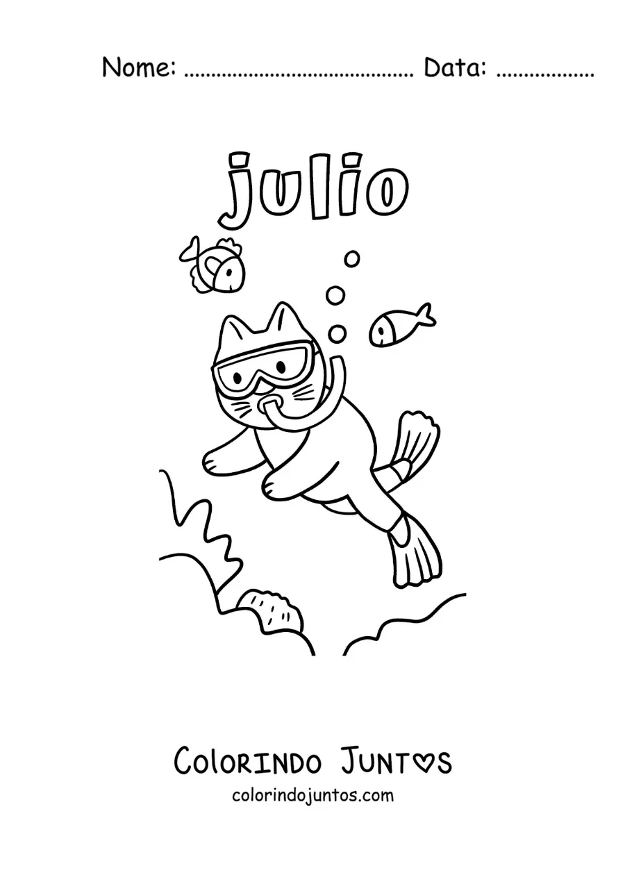 Desenho para colorir de julho com um gato animado mergulhando
